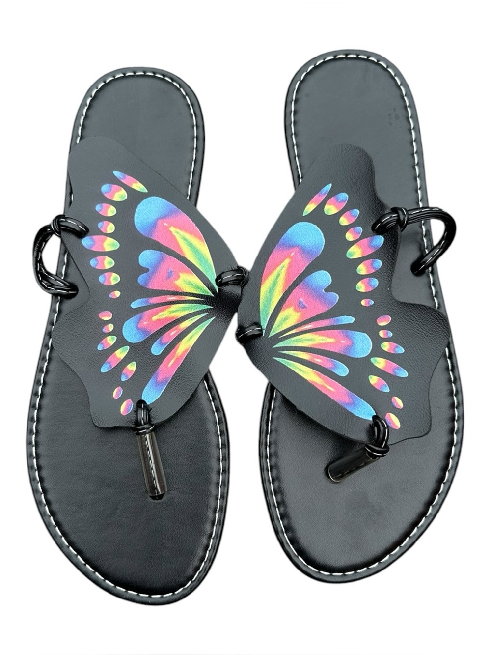 Women’s Butterfly Sandals Size 8.5 Black Rainbow Colorful Flat Thong